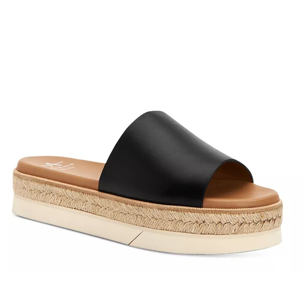 Aquatalia Shayna Espadrille Platform Sandals Leather Black Slide Spain Made Sz 8